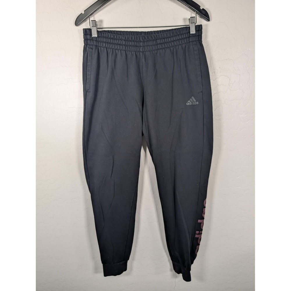 Adidas Pants Womens Medium Black Fleece Jogger Sweatpants Pink Leg Logo